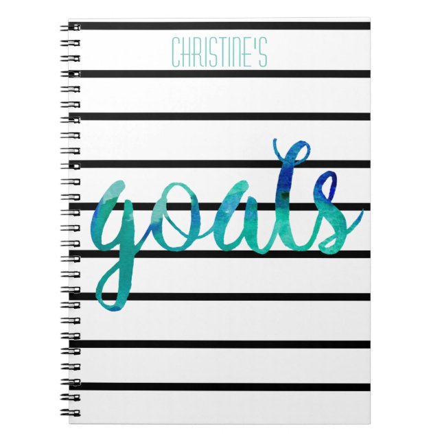 Personalized Watercolor Goals Trendy Black Stripe Notebook (Front)