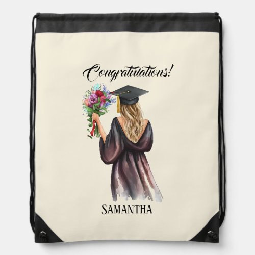 Personalized Watercolor Graduation 11 Drawstring Bag
