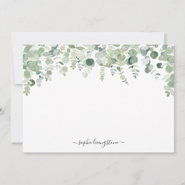 Personalized Watercolor Green Eucalyptus Leaves  Note Card (Front)