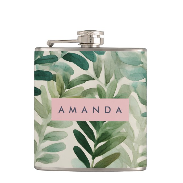 Personalized Watercolor Green Leaf Botanical Flask (Front)