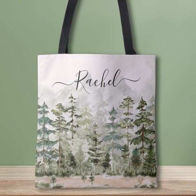 Personalized Watercolor Green Pine Forest Mountain Tote Bag (In situ)