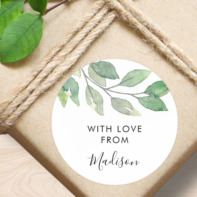 Personalized Watercolor Greenery Classic Round Sticker (Creator Uploaded)