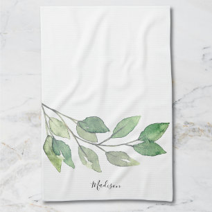 Personalized Watercolor Greenery Kitchen Towel