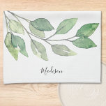 Personalized Watercolor Greenery Kitchen Towel<br><div class="desc">This unique personalized kitchen towel is decorated with watercolor greenery and stylish script typography.
Easily customizable. Makes a great housewarming gift.
Original Watercolor © Michele Davies.</div>