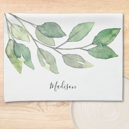Personalized Watercolor Greenery Kitchen Towel