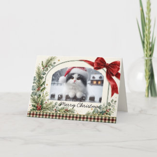 Personalized Watercolor Greenery Red Bow Christmas Holiday Card