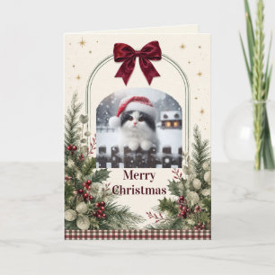 Personalized Watercolor Greenery Red Bow Christmas Holiday Card