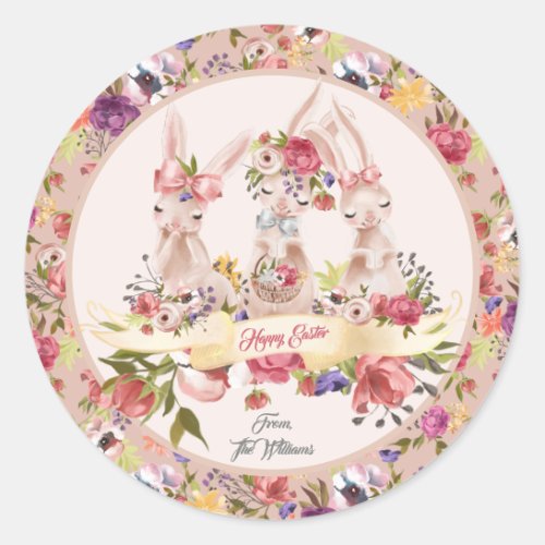 Personalized Watercolor Happy Easter Bunny Classic Round Sticker