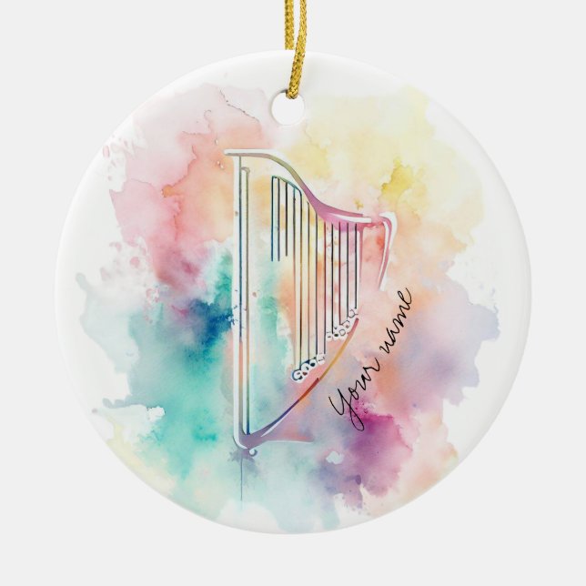 Personalized Watercolor Harp Ceramic Ornament (Front)