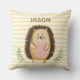 Personalized watercolor hedgehog stripes nursery throw pillow