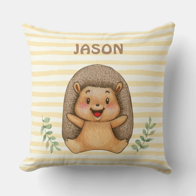 Personalized watercolor hedgehog stripes nursery throw pillow (Front)