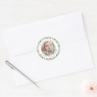 Personalized Watercolor Holly Christmas with Photo Classic Round Sticker