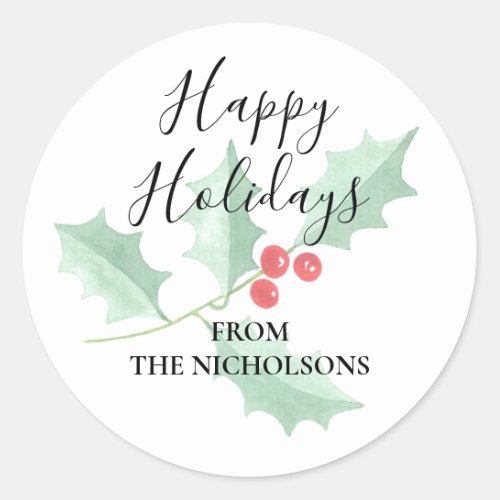 Personalized Watercolor Holly Happy Holidays Classic Round Sticker