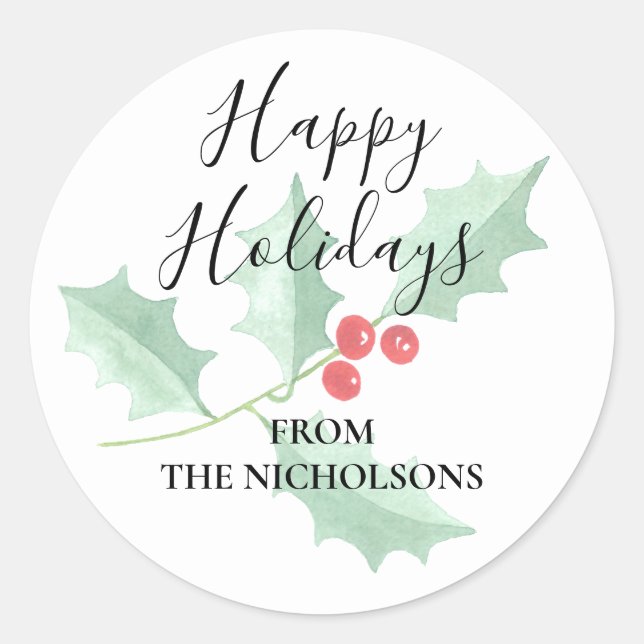 Personalized Watercolor Holly Happy Holidays Classic Round Sticker (Front)