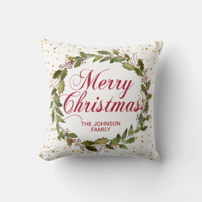 Personalized Watercolor Holly Wreath Christmas Throw Pillow (Front)