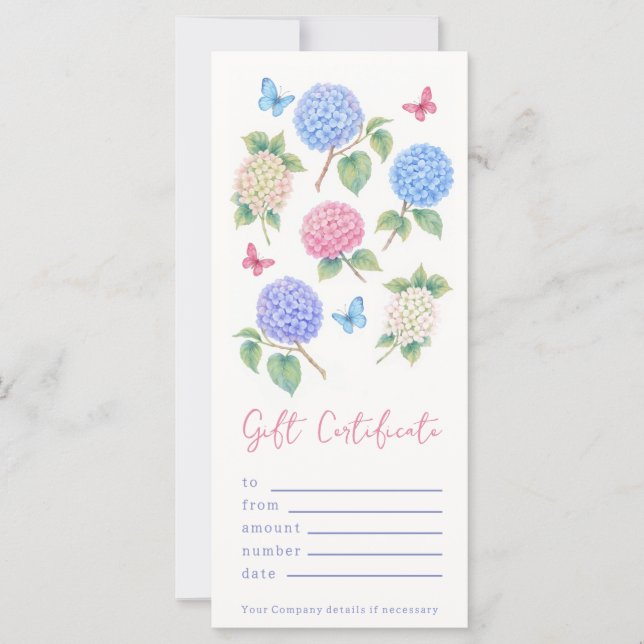 Personalized Watercolor Hydrangea Gift Certificate (Front)