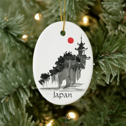 Personalized Watercolor Japanese Temple Christmas Ceramic Ornament
