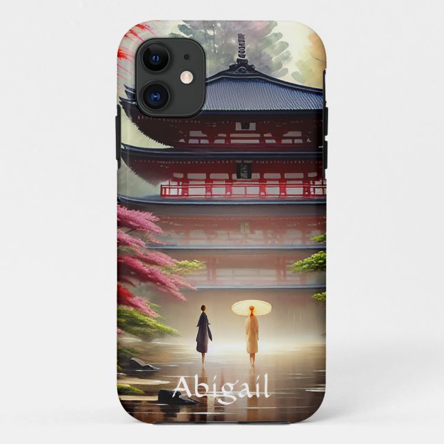 Personalized Watercolor Japanese Temple, Greenery  Case-Mate iPhone Case (Back)