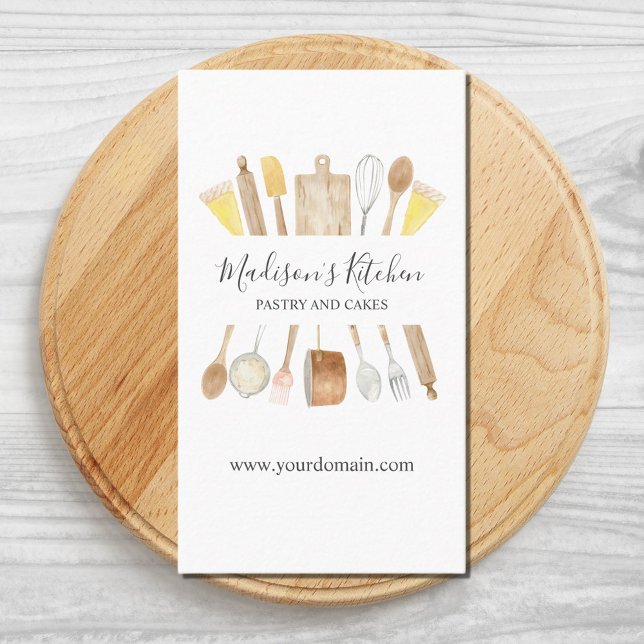 Personalized Watercolor Kitchen Baking Utensils Business Card (Close up front)