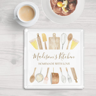 Personalized Watercolor Kitchen Cooking Utensils Acrylic Tray
