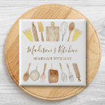 Personalized Watercolor Kitchen Cooking Utensils  Button<br><div class="desc">Show off your love for cooking with this personalized button! Featuring a watercolor illustration of wood cooking utensils and elegant script,  it’s a charming kitchen accessory for baking enthusiasts,  chefs,  or business supplies. A thoughtful personalized kitchen gift!</div>