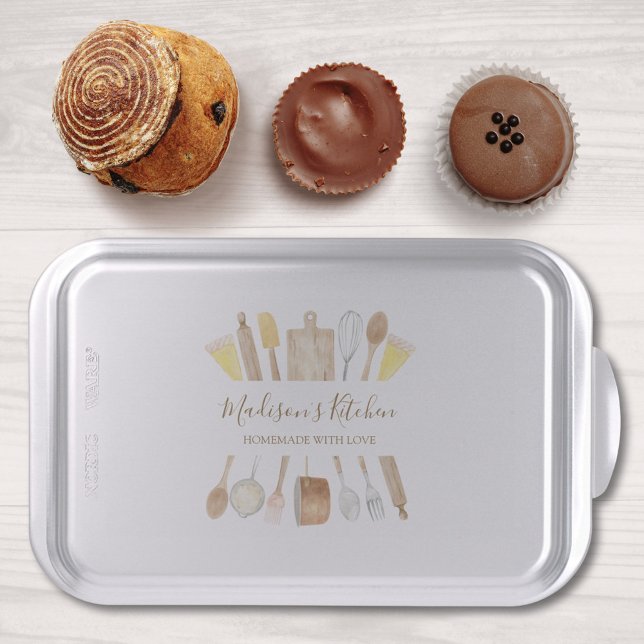 Personalized Watercolor Kitchen Cooking Utensils  Cake Pan (In situ)