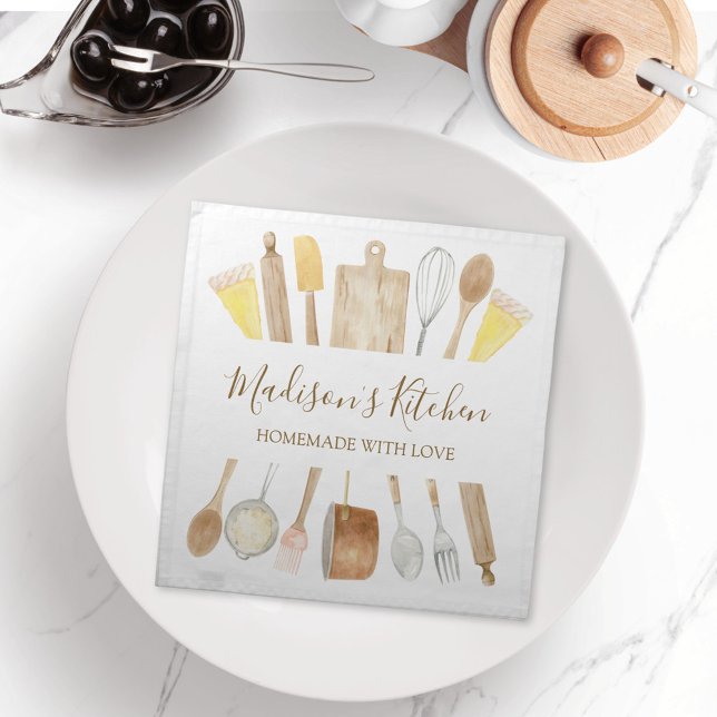 Personalized Watercolor Kitchen Cooking Utensils  Cloth Napkin (In situ)