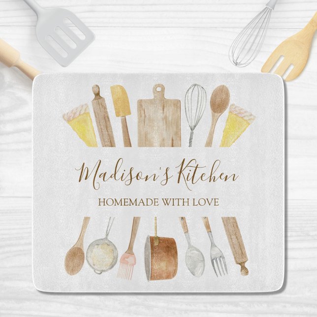 Personalized Watercolor Kitchen Cooking Utensils  Cutting Board (In situ)