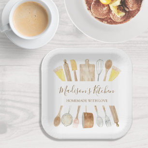 Personalized Watercolor Kitchen Cooking Utensils Paper Plates