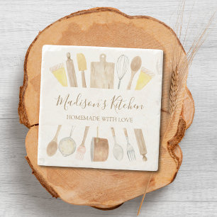 Personalized Watercolor Kitchen Cooking Utensils  Stone Coaster