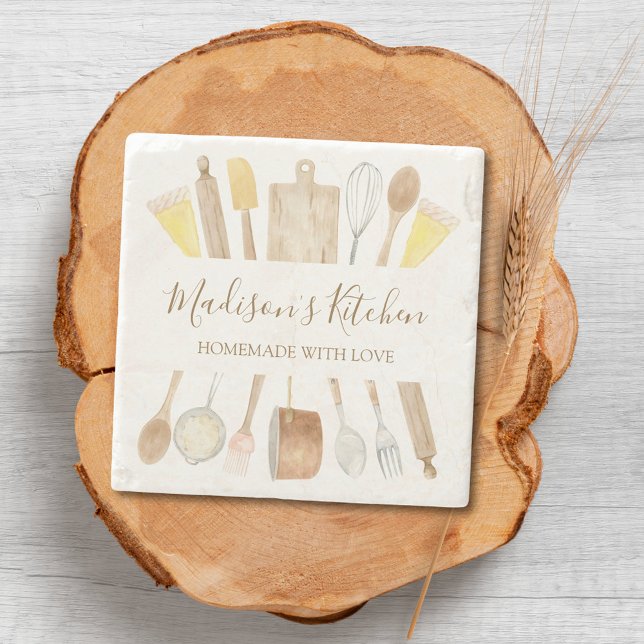 Personalized Watercolor Kitchen Cooking Utensils  Stone Coaster (Creator Uploaded)