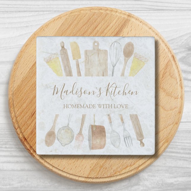 Personalized Watercolor Kitchen Cooking Utensils  Stone Magnet (Close up)