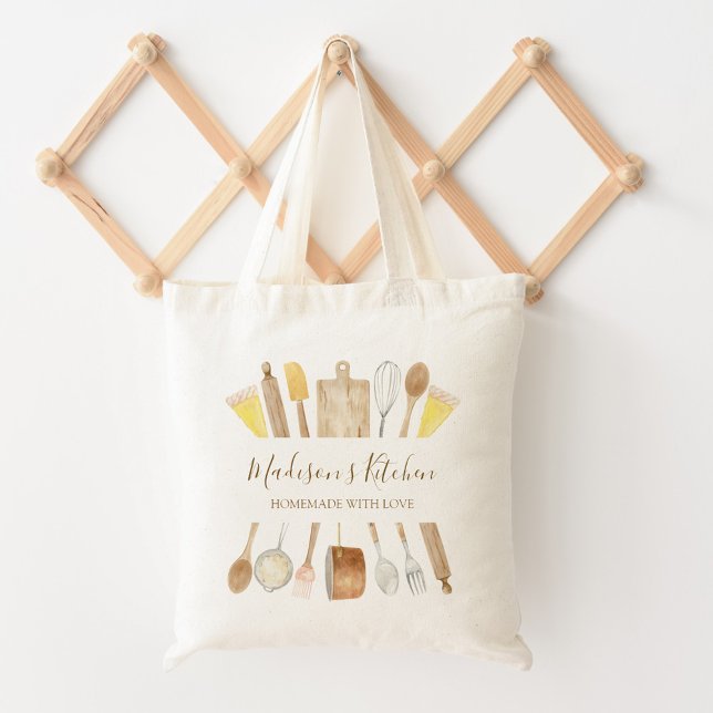 Personalized Watercolor Kitchen Cooking Utensils  Tote Bag (Close up)