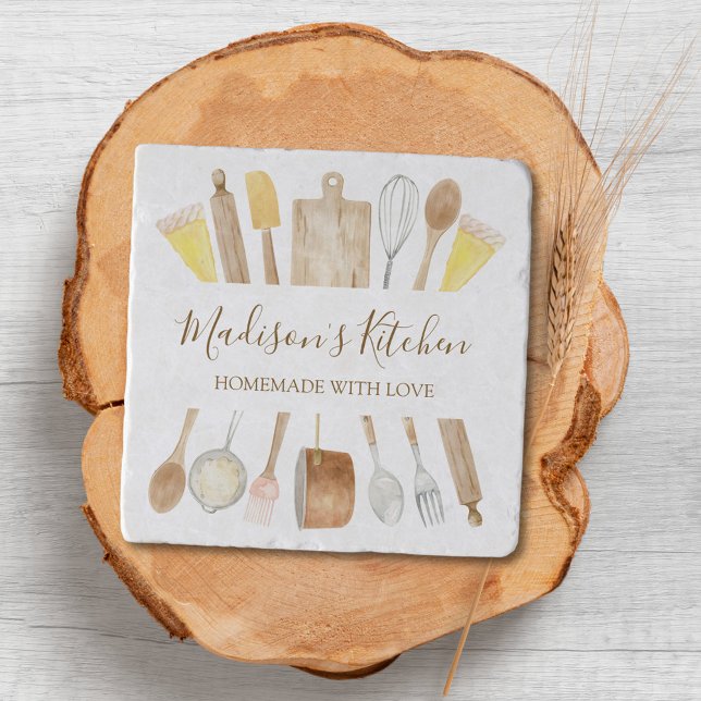 Personalized Watercolor Kitchen Cooking Utensils  Trivet (Close up)