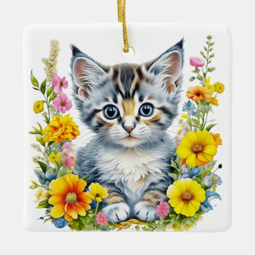 Personalized Watercolor Kitten Flowers Christmas Ceramic Ornament