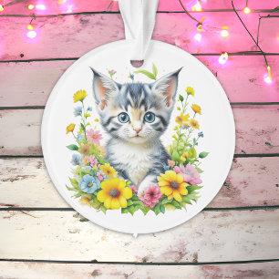Personalized Watercolor Kitten Flowers Christmas Ornament