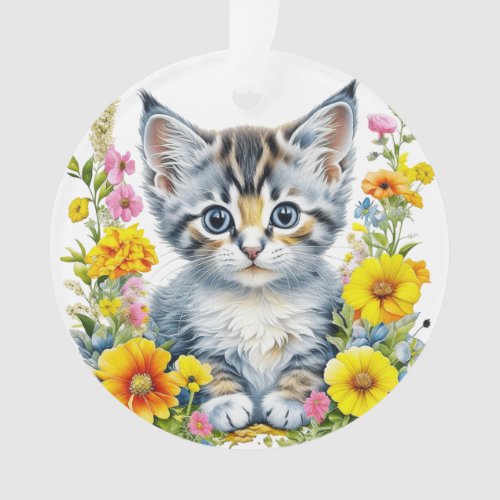Personalized Watercolor Kitten Flowers Christmas Ornament