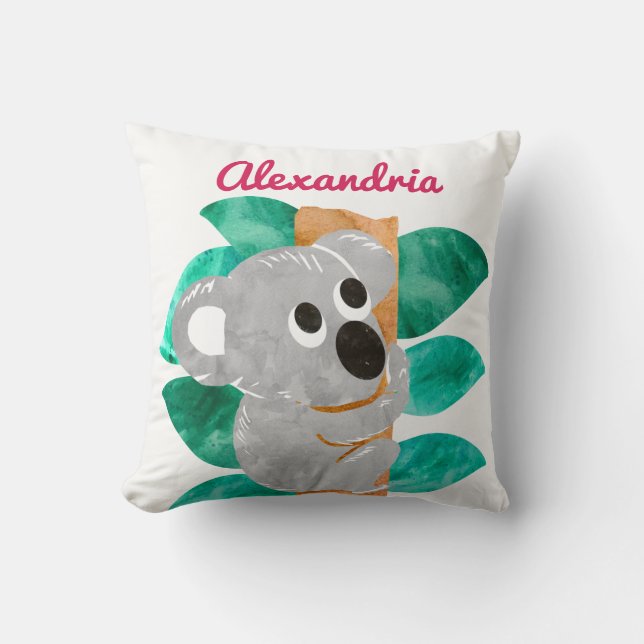 Personalized Watercolor Koala Bear Animal Girls Throw Pillow (Front)