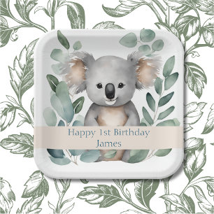 Personalized Watercolor Koala Bear Birthday Paper Plates