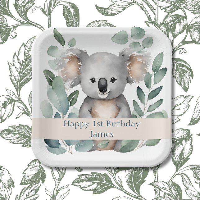 Personalized Watercolor Koala Bear Birthday  Paper Plates (Cute 1st Birthday Party)