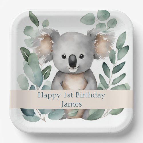 Personalized Watercolor Koala Bear Birthday  Paper Plates