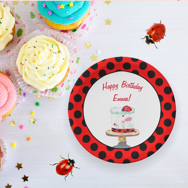 Personalized Watercolor Ladybug Cake Birthday Paper Plates (Creator Uploaded)