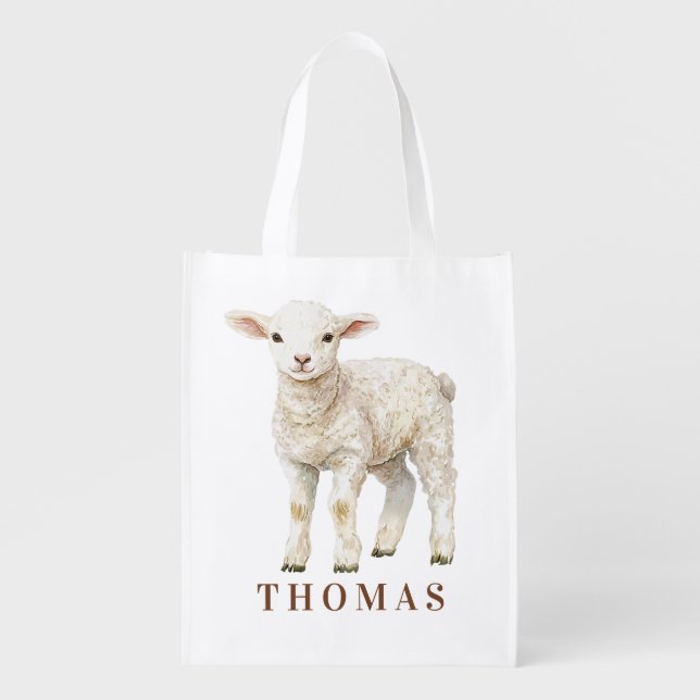 Personalized Watercolor Lamb Easter Egg Hunt Bag (Front)