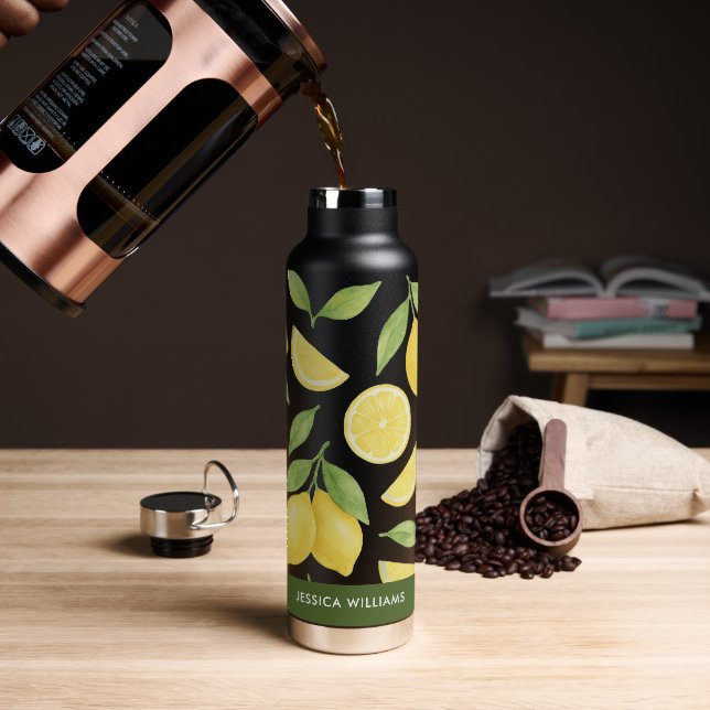 Personalized Watercolor Lemon Pattern  Water Bottle (Coffee)