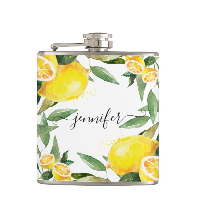 Personalized Watercolor Lemon Wedding Flask (Front)
