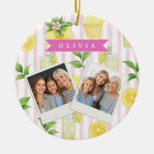 Personalized Watercolor Lemonade Cupcake Stripe Ceramic Ornament