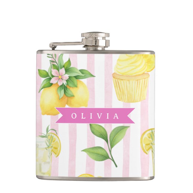 Personalized Watercolor Lemonade Cupcake Stripe Flask (Front)
