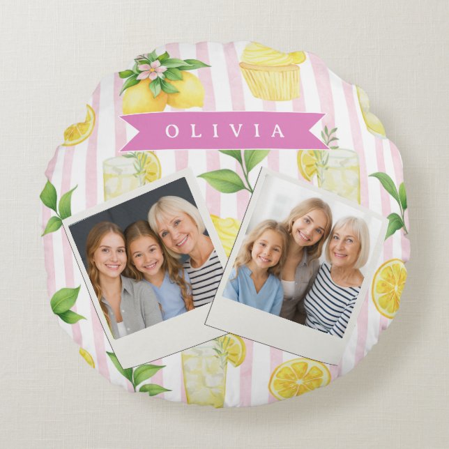 Personalized Watercolor Lemonade Cupcake Stripe Round Pillow (Front)