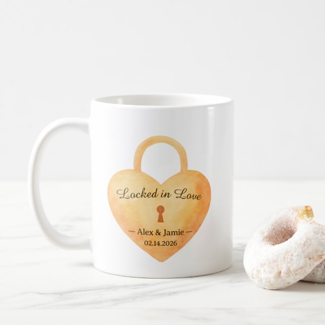 Personalized Watercolor Lock & Key Love Design Coffee Mug (With Donut)