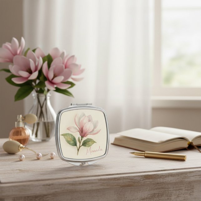Personalized Watercolor Magnolia Compact Mirror (Creator Uploaded)